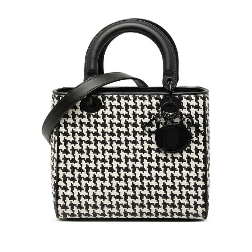 Dior Medium Calfskin Woven Houndstooth Lady Dior Black Leather Good condition - Front View
