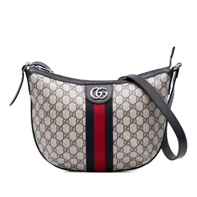 Gucci Small GG Supreme Web Ophidia Half Moon Crossbody Grey Canvas Good condition - Front View