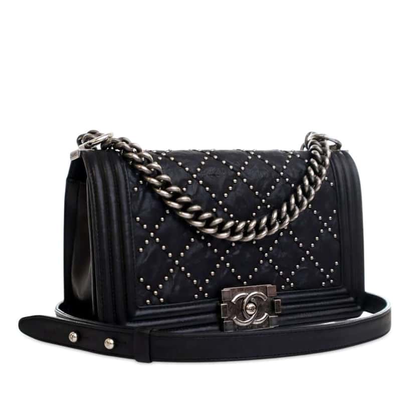 Chanel Old Medium Quilted Crumpled Calfskin Studded Boy Flap Black Leather Good condition - Back View