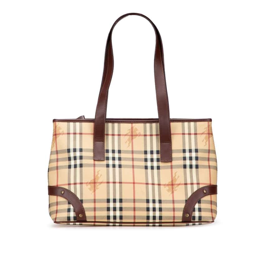 Burberry Haymarket Check Coated Canvas Studded Tote Brown Canvas Good condition - Front View