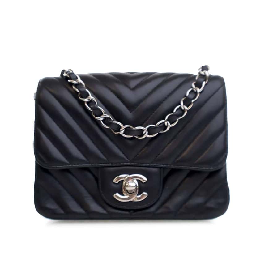 Chanel Mini Square Classic Chevron Lambskin Single Flap Black Leather Good condition - Front View