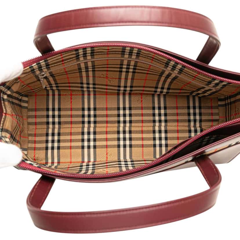 Burberry House Check Trimmed Leather Handbag Red Leather Good condition - Model View