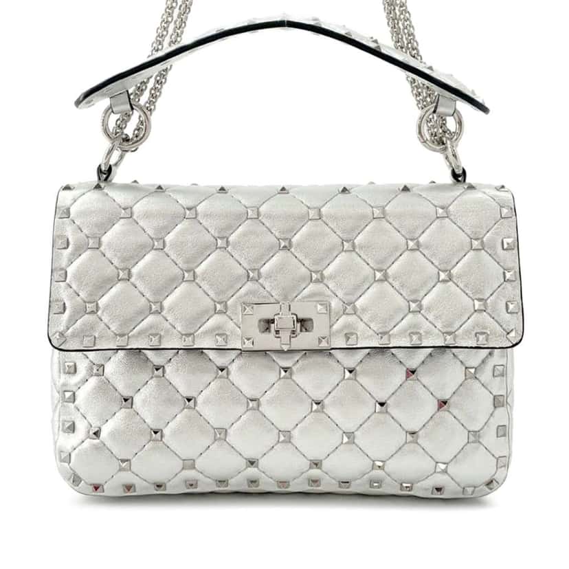 Valentino Medium Lambskin Rockstud Spike Satchel Silver Leather Good condition - Front View