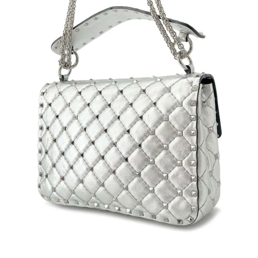 Valentino Medium Lambskin Rockstud Spike Satchel Silver Leather Good condition - Back View