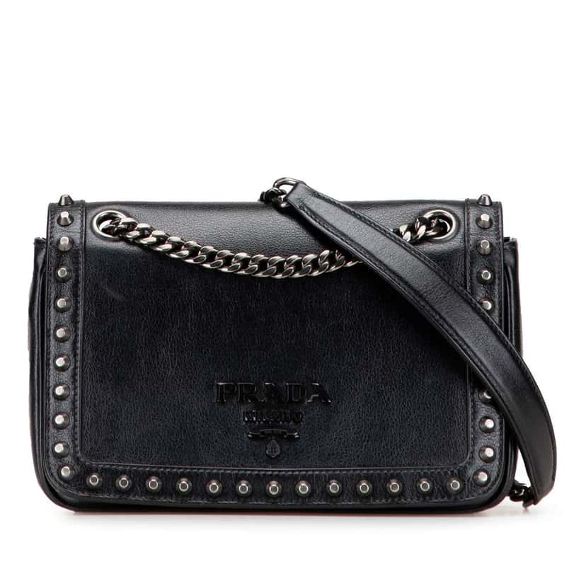Prada Small Studded Glace Calf Chain Flap Black Leather Good condition - Front View