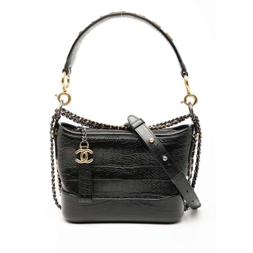 Chanel Small Croc Embossed Calfskin Gabrielle Hobo Black Leather Good condition - Front View