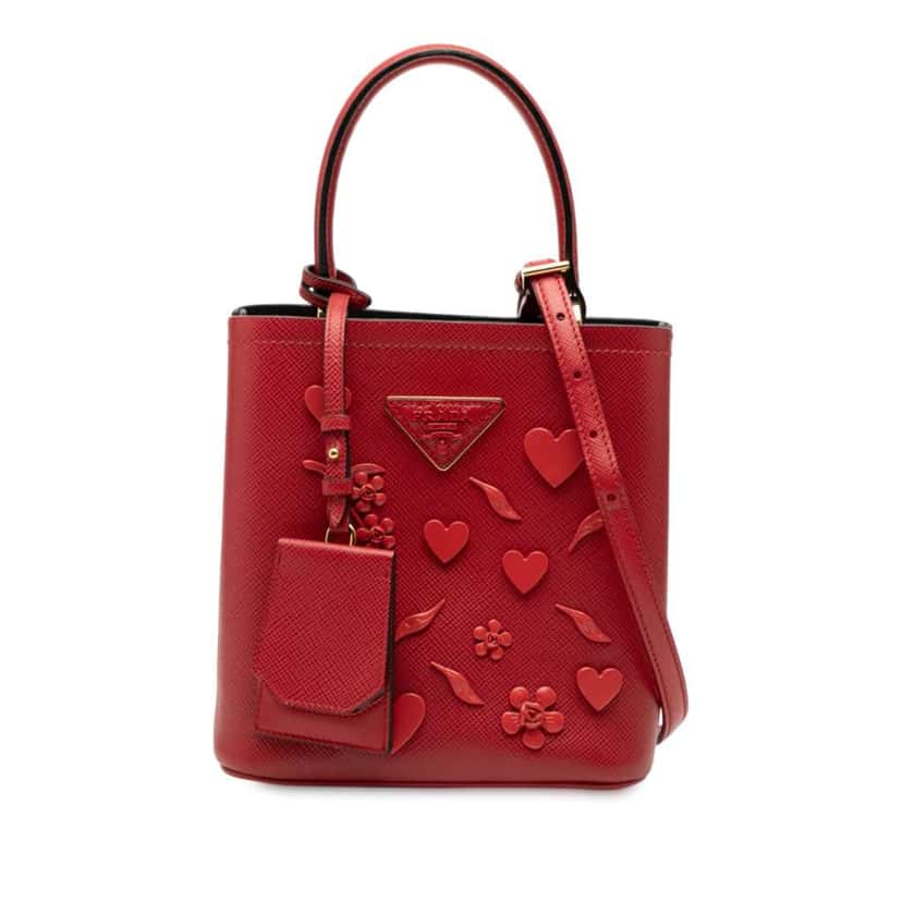 Prada Small Embellished Saffiano Cuir Panier Satchel Red Leather Very good condition - Front View