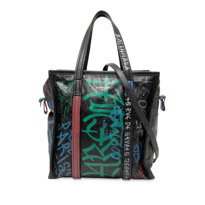Balenciaga S Lambskin Graffiti Bazar Shopper Satchel Black Leather Good condition - Front View
