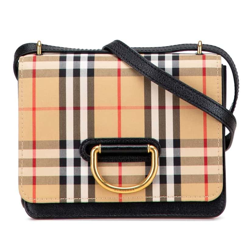 Burberry Small Goatskin Trimmed House Check Canvas D Ring Crossbody Brown Canvas Good condition - Front View