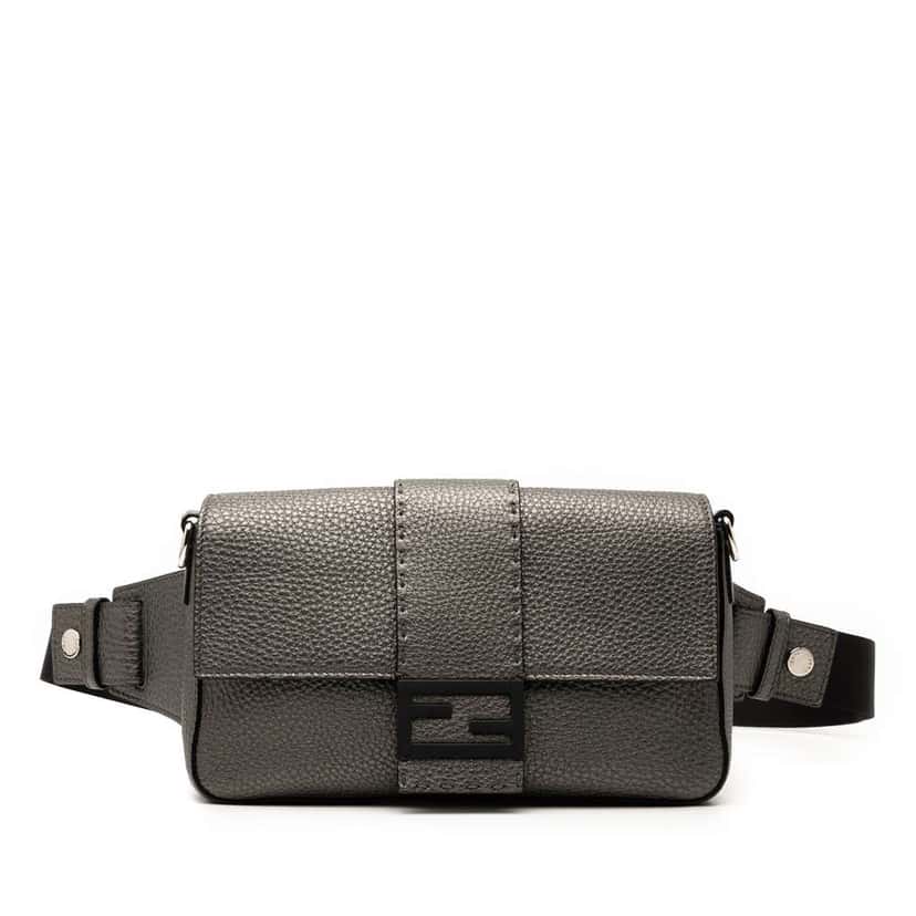Fendi Leather Selleria Convertible Baguette Satchel Grey Leather Very good condition - Front View