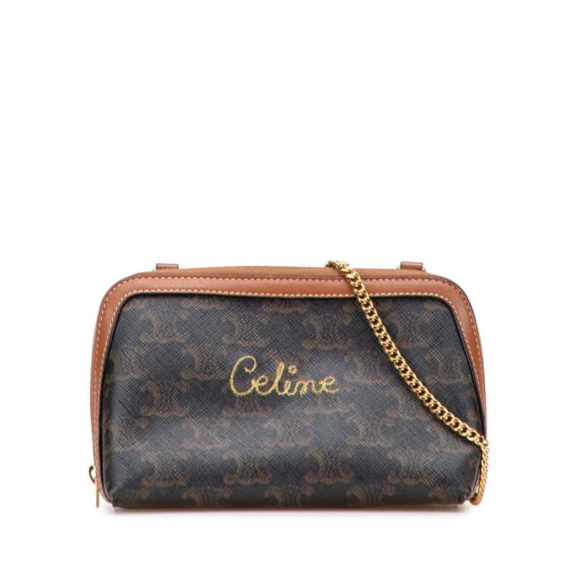 Celine Triomphe Coated Canvas Embroidered Logo Clutch On Chain Brown Canvas Good condition - Front View