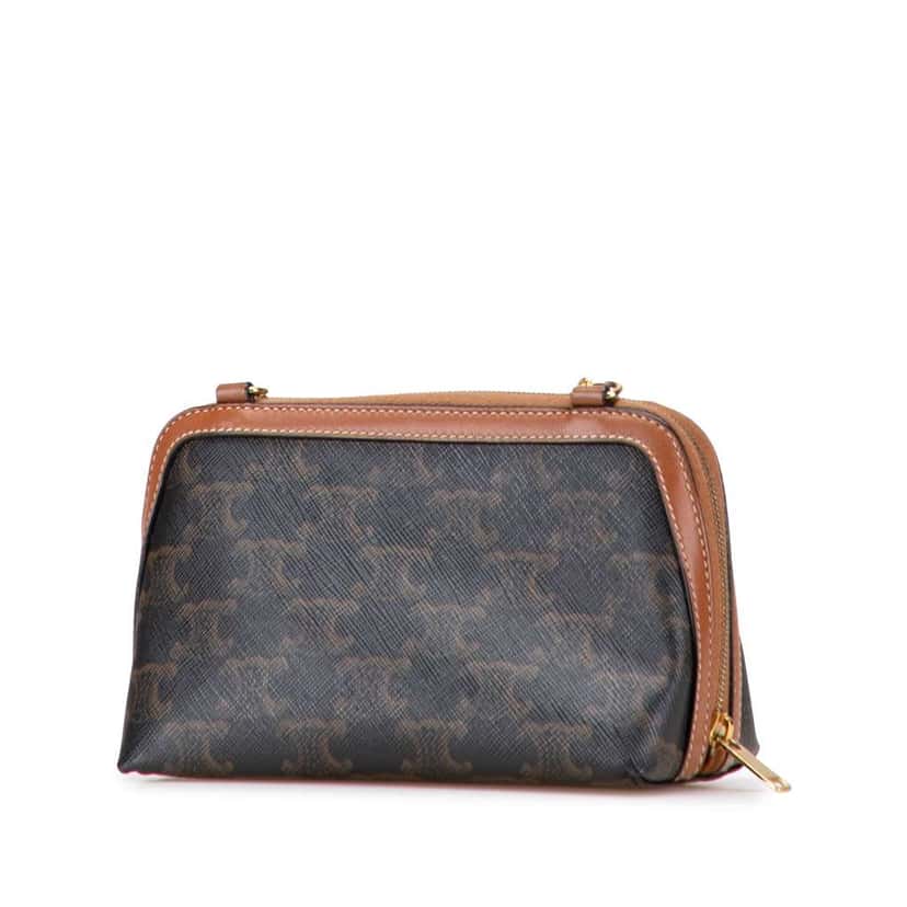 Celine Triomphe Coated Canvas Embroidered Logo Clutch On Chain Brown Canvas Good condition - Back View
