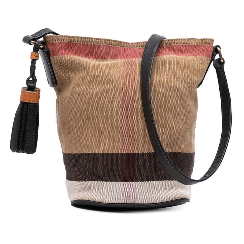 Burberry Mini Mega Check Canvas Ashby Tassel Bucket Bag Brown Canvas Good condition - Front View