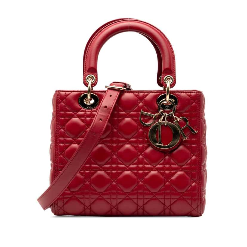 Dior Medium Lambskin Cannage Lady Dior Red Leather Good condition - Front View