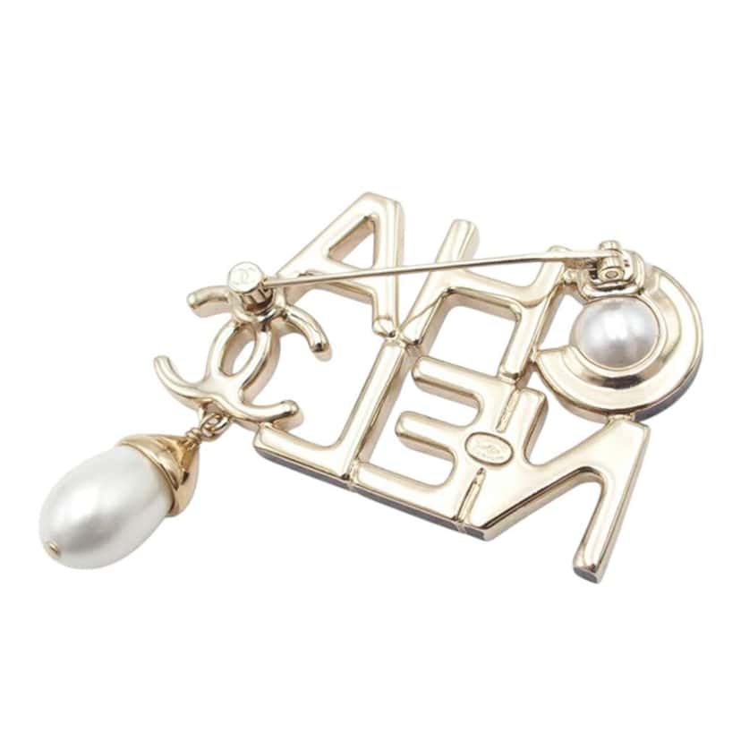 Chanel CC Gold Plated Faux Pearl Logo Brooch Gold Metal Very good condition - Back View
