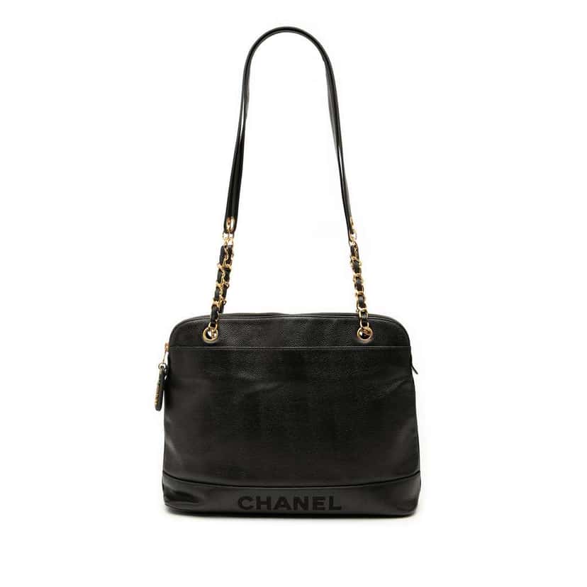 Chanel Caviar Logo Chain Shoulder Bag Black Leather Very good condition - Front View