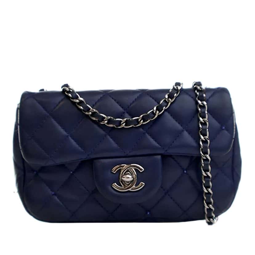 Chanel Mini Rectangular Classic Lambskin Crystal Single Flap Blue Leather Good condition - Front View