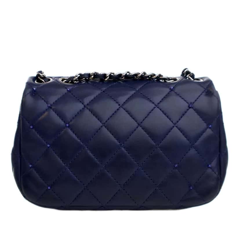 Chanel Mini Rectangular Classic Lambskin Crystal Single Flap Blue Leather Good condition - Back View
