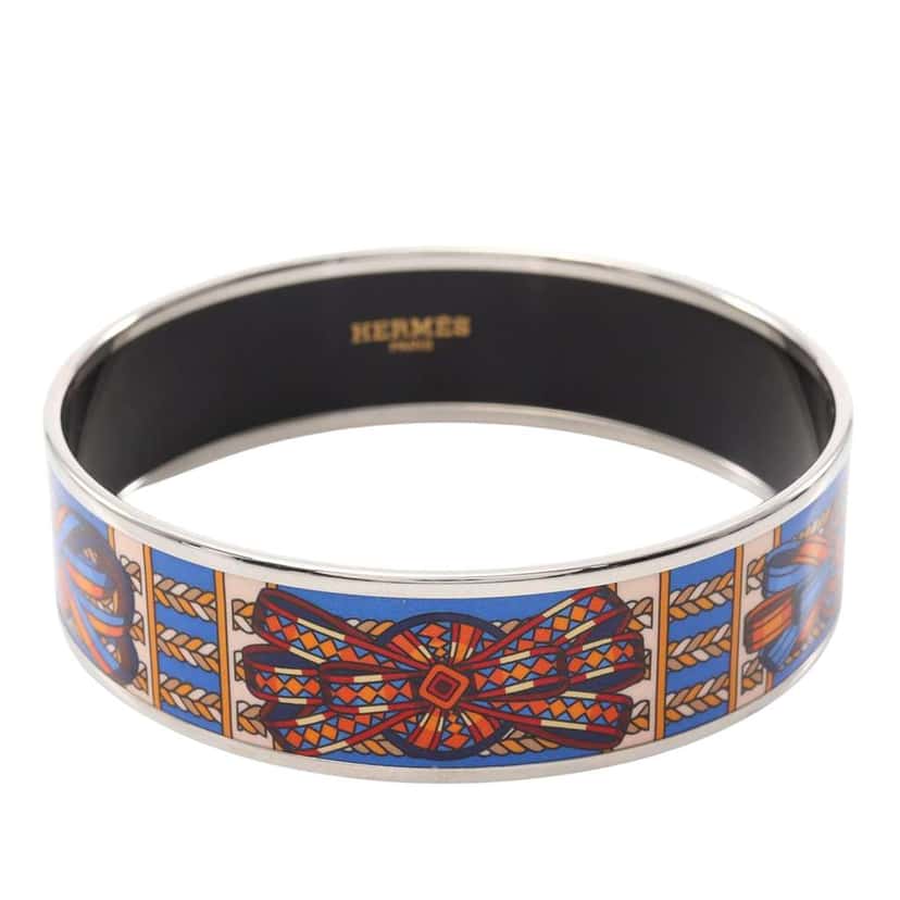 Hermès Wide Sunburst Rubans de Cheval Enamel Bangle 70 Blue Good condition - Front View