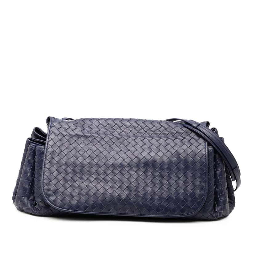 Bottega Veneta Nappa Intrecciato Flap Crossbody Blue Leather Good condition - Front View