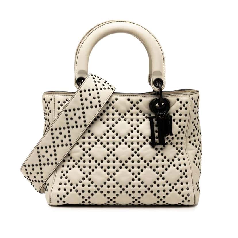 Dior Medium Lambskin Cannage Studded Supple Lady Dior White Leather Very good condition - Front View