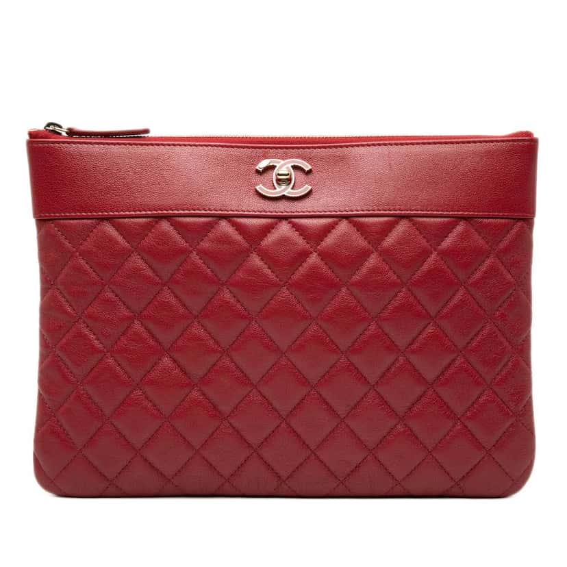 Chanel Medium Quilted Sheepskin Mademoiselle O Case Clutch Red Leather Good condition - Front View