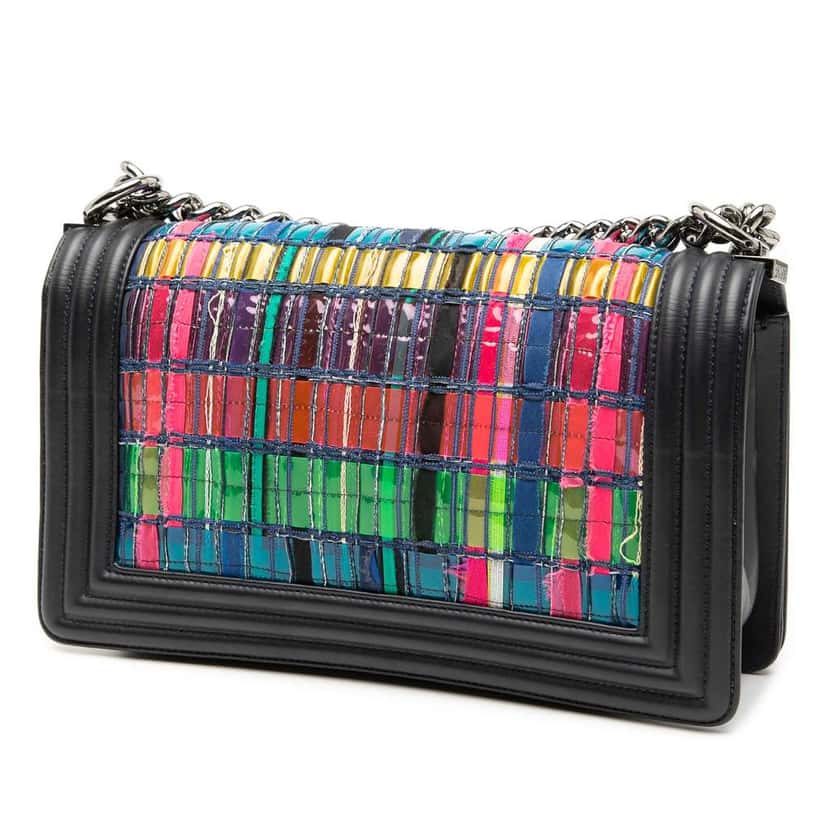 Chanel Old Medium Lambskin and Woven PVC Boy Flap Black Leather Good condition - Back View