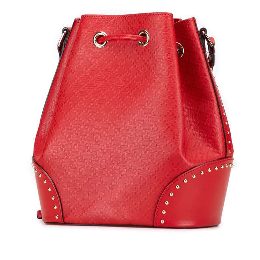 Gucci Medium Diamante Calfskin Studded Bright Bucket Bag Red Leather Good condition - Back View
