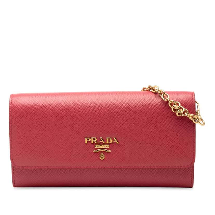 Prada Saffiano Wallet On Chain Pink Leather Good condition - Front View