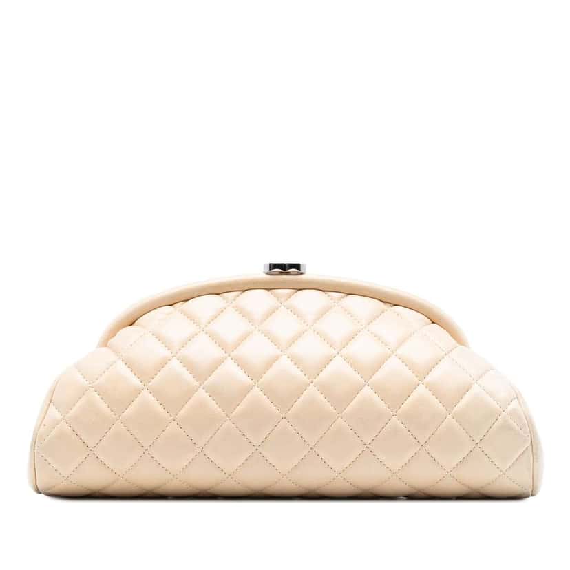 Chanel Quilted Lambskin Timeless Kisslock Clutch Brown Leather Good condition - Front View