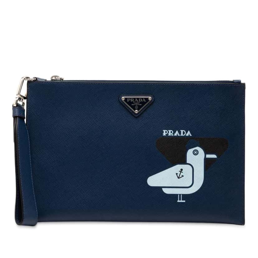 Prada Saffiano Seagull Print Clutch Blue Leather Good condition - Front View