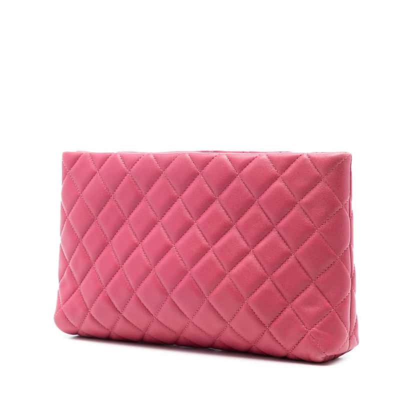 Chanel Quilted Lambskin Kiss Lock Clutch Pink Leather Very good condition - Back View