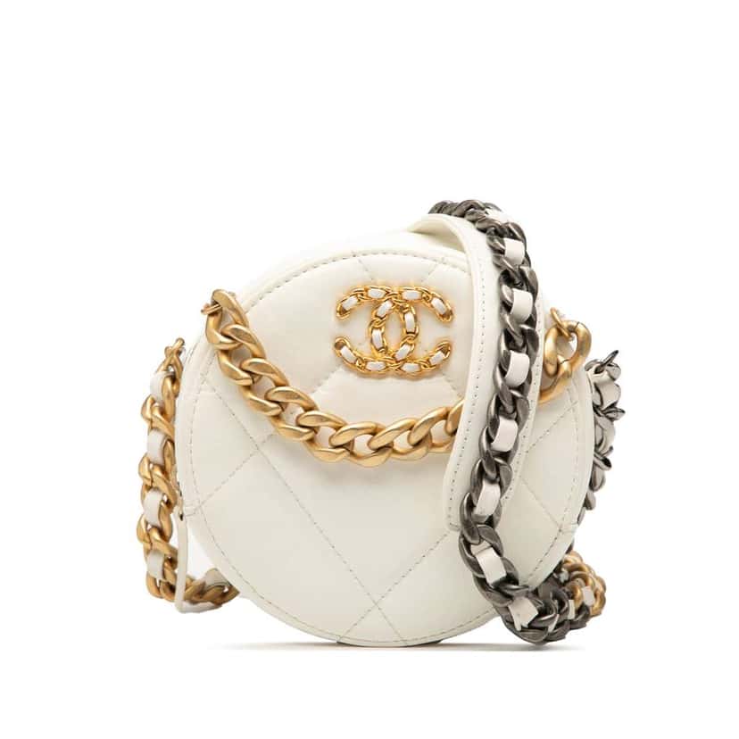 Chanel Lambskin 19 Round Clutch with Chain White Leather Good condition - Front View