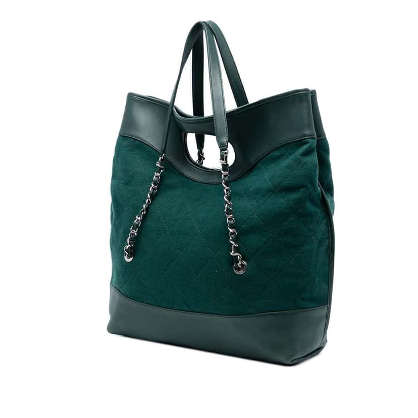Chanel Extra Large Stitched Wool and Calfskin 31 Shopping Bag Green Wool Very good condition - Back View