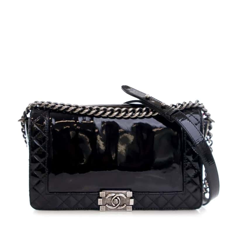 Chanel Medium Patent Boy Reverso Flap Black Leather Good condition - Front View