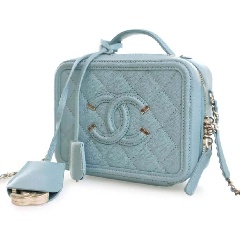 Chanel Small Caviar CC Filigree Vanity Case Blue Leather Good condition - Back View