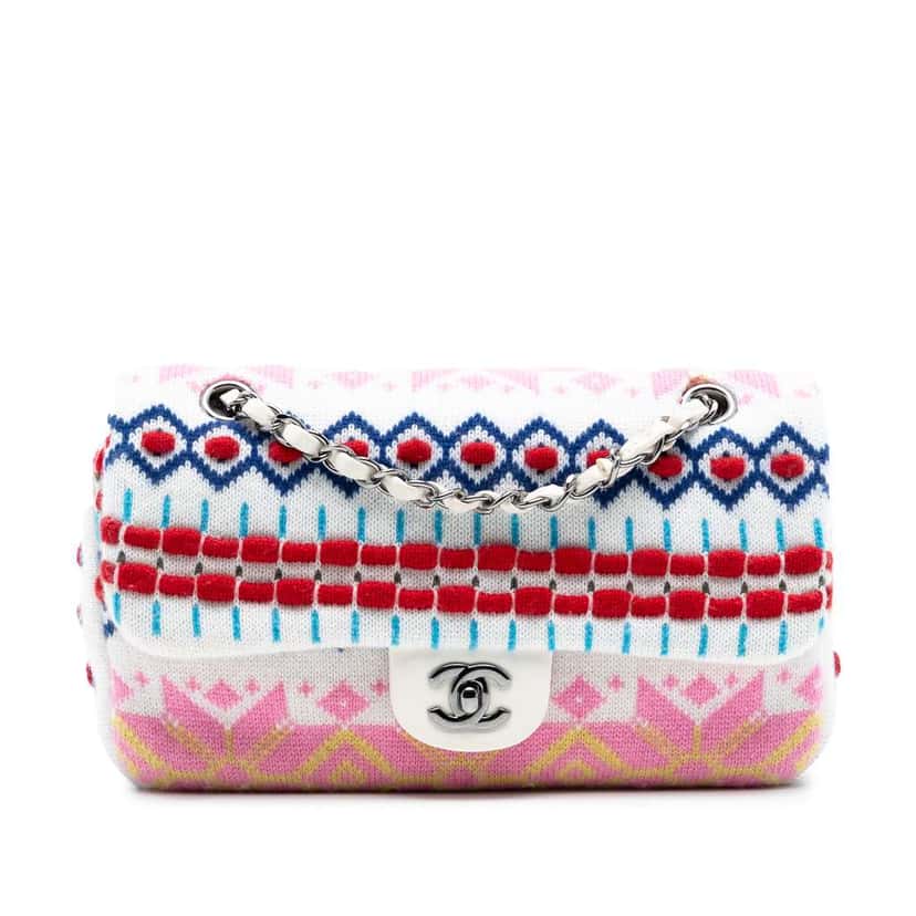 Chanel Medium Classic Multicolor Cashmere Knit Single Flap White Wool Good condition - Front View