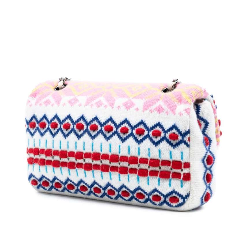 Chanel Medium Classic Multicolor Cashmere Knit Single Flap White Wool Good condition - Back View