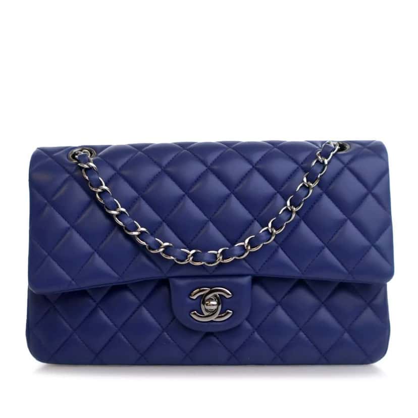 Chanel Medium Classic Lambskin Double Flap Blue Leather Good condition - Front View