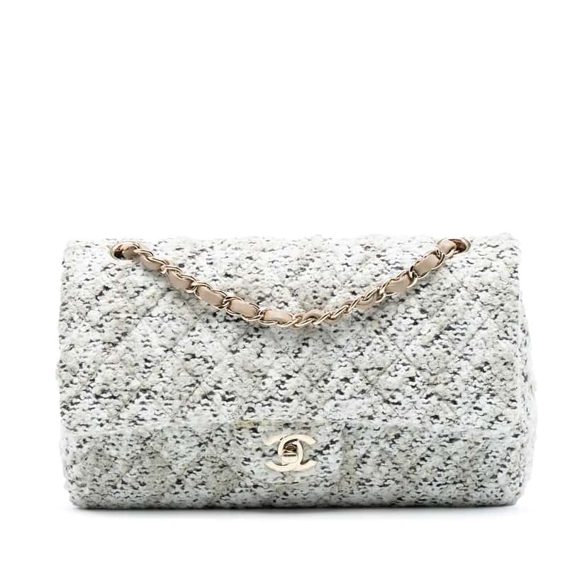 Chanel Medium Classic Tweed Double Flap White Tweed Good condition - Front View