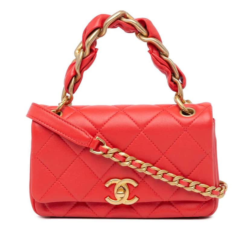 Chanel Small Quilted Lambskin Chain is More Flap Red Leather Good condition - Front View