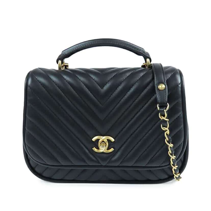 Chanel Medium CC Chevron Lambskin Chain Top Handle Flap Black Leather Good condition - Front View