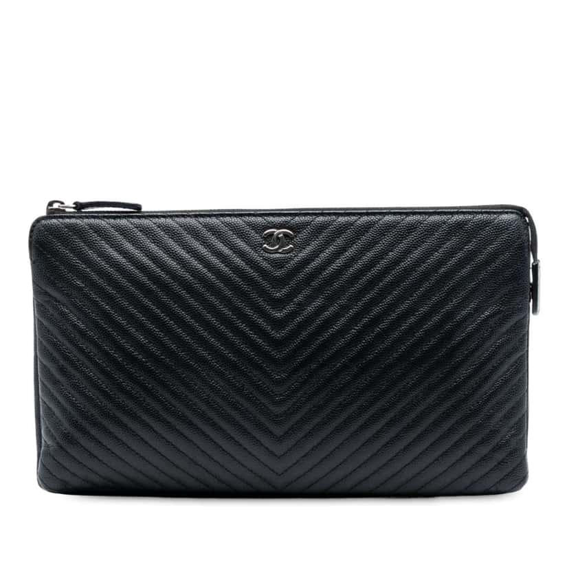 Chanel CC Chevron Caviar Zip Clutch Black Leather Good condition - Front View
