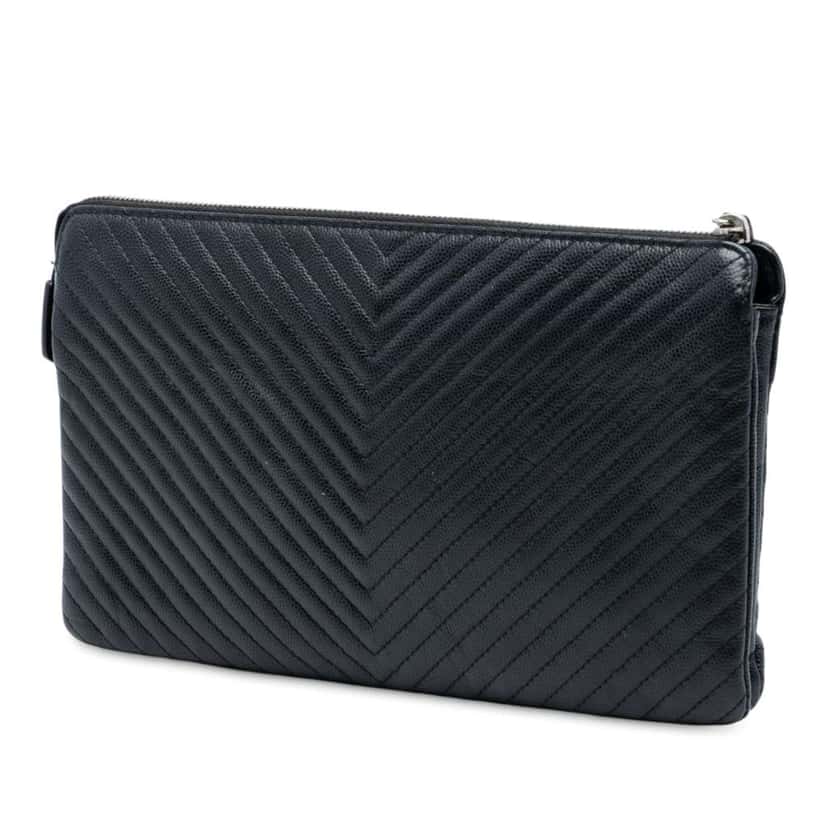 Chanel CC Chevron Caviar Zip Clutch Black Leather Good condition - Back View