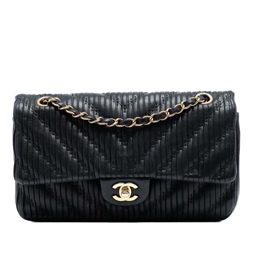 Chanel Medium Classic Chevron Calfskin Pleated Double Flap Black Leather Good condition - Front View
