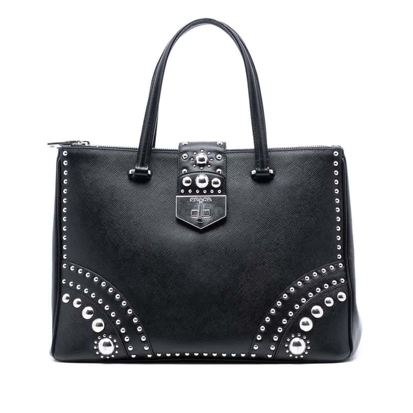 Prada Saffiano Turnlock Double Zip Studded Tote Black Leather Good condition - Front View