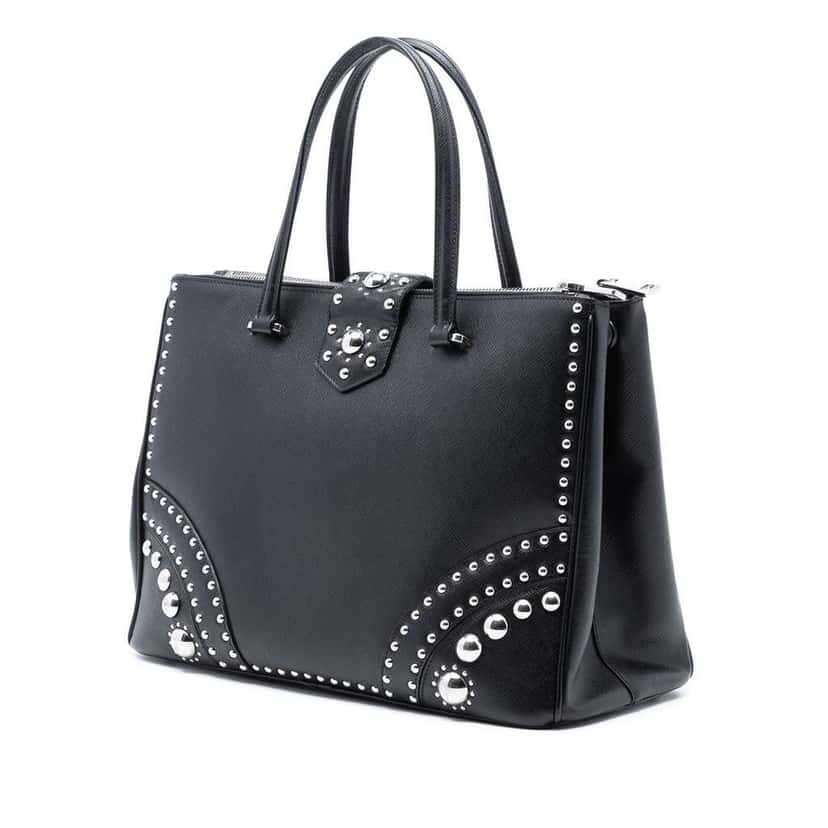 Prada Saffiano Turnlock Double Zip Studded Tote Black Leather Good condition - Back View