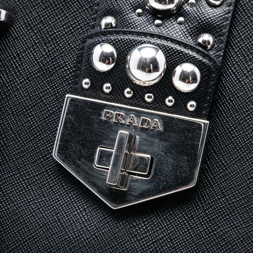 Prada Saffiano Turnlock Double Zip Studded Tote Black Leather Good condition - Box View