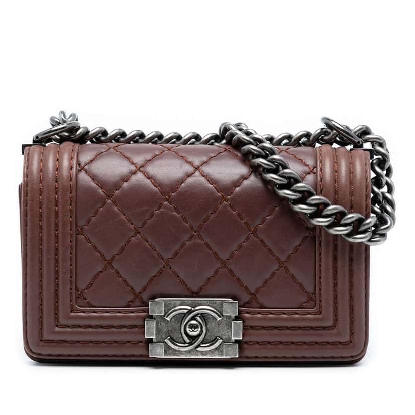 Chanel Small Quilted Lambskin Wild Stitch Boy Flap Brown Leather Good condition - Front View