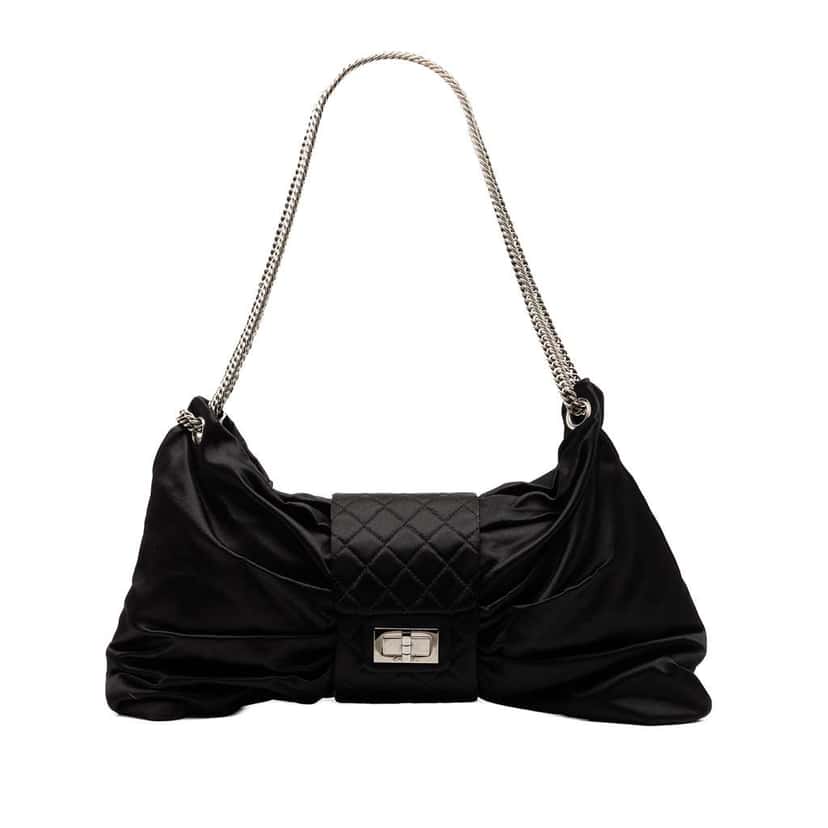 Chanel Medium Satin Bow Mademoiselle Shoulder Bag Black Satin Good condition - Front View